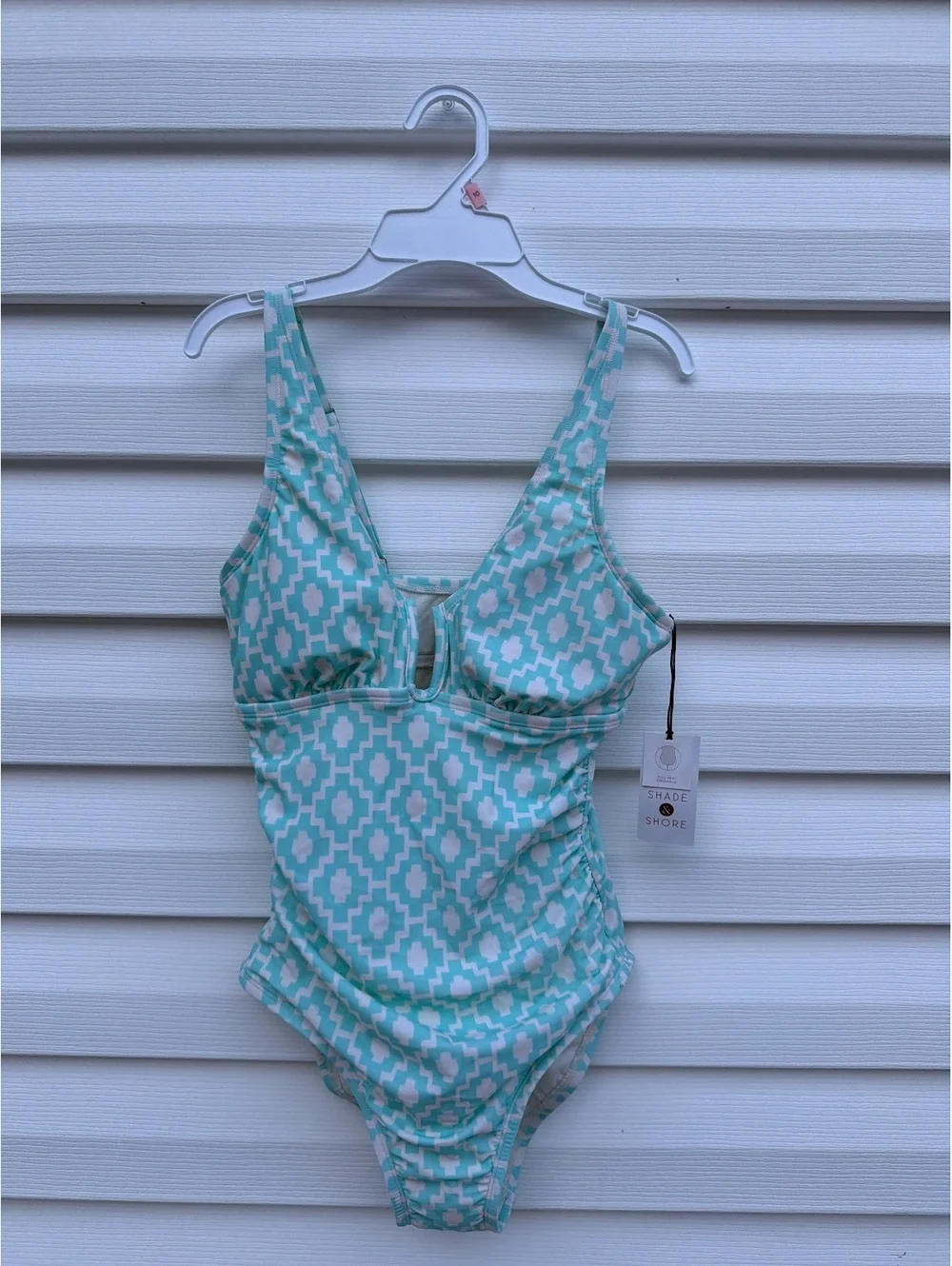 Shade & Shore Women's S 4-6 Aqua Geometric One Piece Swimsuit NWT